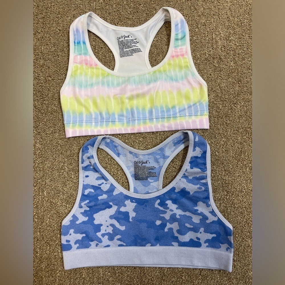 Cat & Jack: (2) Girls Sports Bras-Pastel Tie Dye and Blue/Light Blu Camo, Size S